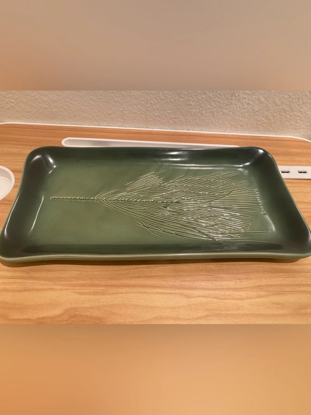 Kay Wayne Signed Studio Art Pottery Pine Needle Branch Green Rectangular Serving